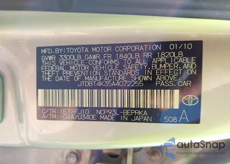 2010 Toyota Yaris from USA, damaged, VIN JTDBT4K35A4072255